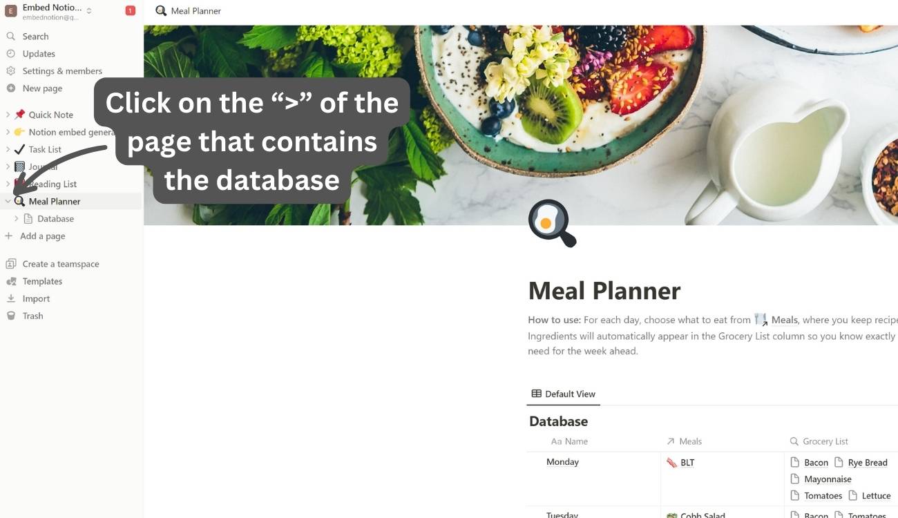 Click on the page that contains the database