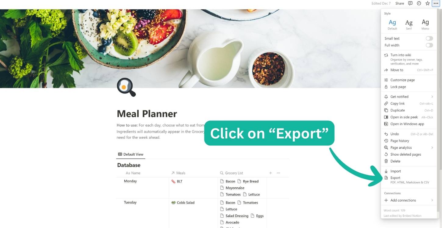 Click on export